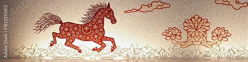 Wallpaper Mural Intricate red paper cut horse on decorative background with floral and cloud patterns Torontodigital.ca
