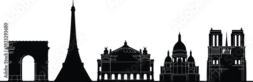 Paris France skyline silhouette with famous landmarks, Eiffel Tower, Arc de Triomphe, Notre Dame, Sacre Coeur, and Opera Garnier, black vector icon