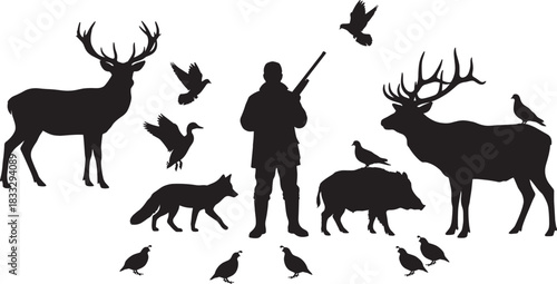 Hunting sport silhouette collection featuring hunter, deer, wild boar, fox, duck, and various game birds, vector illustration for wildlife and recreation