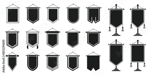 Royal Flags Icon Set in Clean Medieval Vector Illustration Featuring Classic Banners, Empty Trophy Standards, Heraldic Symbols, and Decorative Historical Elements for Design and Graphic Use