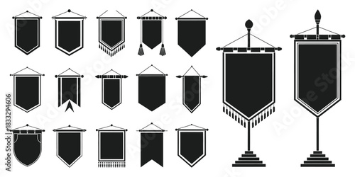 Royal Flags Icon Set in Clean Medieval Vector Illustration Featuring Classic Banners, Empty Trophy Standards, Heraldic Symbols, and Decorative Historical Elements for Design and Graphic Use