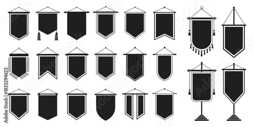 Royal Flags Icon Set in Clean Medieval Vector Illustration Featuring Classic Banners, Empty Trophy Standards, Heraldic Symbols, and Decorative Historical Elements for Design and Graphic Use