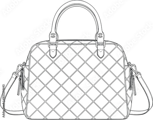 Handbag technical sketch, quilted bag drawing, fashion accessory illustration, shoulder strap detail, diamond pattern design, front view, product concept art