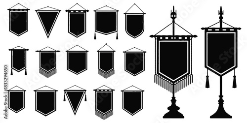 Royal Flags Icon Set in Clean Medieval Vector Illustration Featuring Classic Banners, Empty Trophy Standards, Heraldic Symbols, and Decorative Historical Elements for Design and Graphic Use