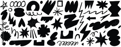 Bold abstract shape collection featuring expressive black silhouettes. Dynamic graphic elements with stars, bursts, curves, and playful forms. Perfect for modern design, branding, and creative 