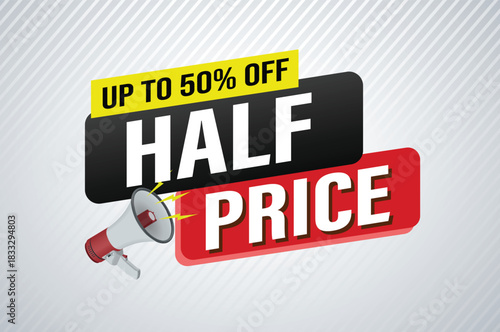 half price sale word mega phone concept vector illustration and 3d style, landing page, template, ui, web, mobile app, poster, banner, flyer, background, gift card, coupon, label, wallpaper

