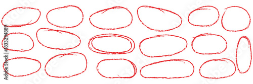 Red pen ellipses and circles to emphasize text in hand drawn notes. Doodle round shapes. Vector ovals and ellipses lines to highlight text. Set of various red scribble ovals bubbles and circles sketch