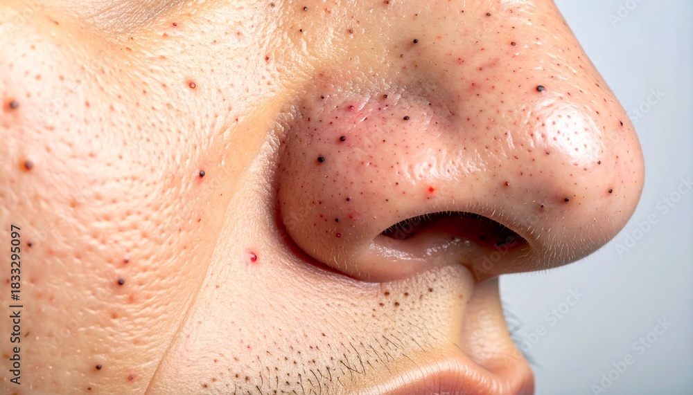 Naklejka premium A macro, high-resolution photograph of the human nose's side profile, focusing intensely on the skin's texture, showing numerous prominent, dark, pore-clogging blackheads and minor redness.