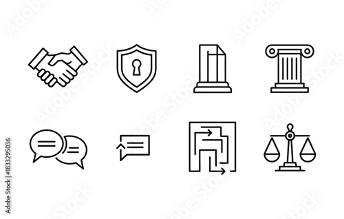A set of eight line icons depicting concepts of agreement, security, law, communication, and problem-solving.