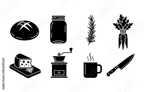Black and white vector illustration of bread, jar, rosemary, carrots, cheese, grinder, mug, and knife.