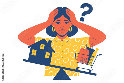 A person balances a house and shopping cart, representing financial stress and decision-making.