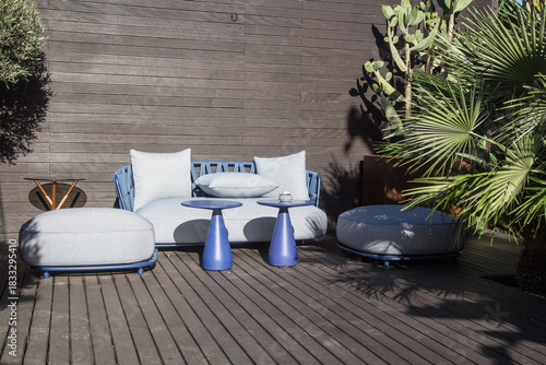 Bar with modern and cozy fabric lounge furniture put on a terrace with wooden pavement surrounded by lush growing palm trees, succulents and green plants