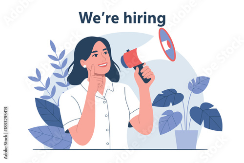 A woman holding a megaphone and gesturing, announcing "We're hiring".