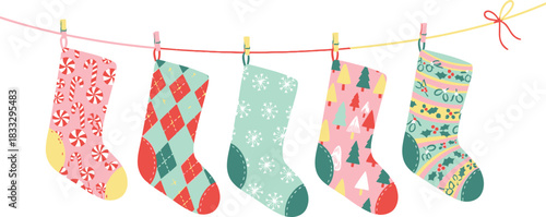 Christmas stockings hanging on rope for winter holiday decorative background illustration