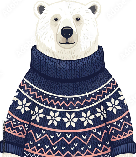 Polar bear wearing warm knitted sweater for winter character holiday illustration