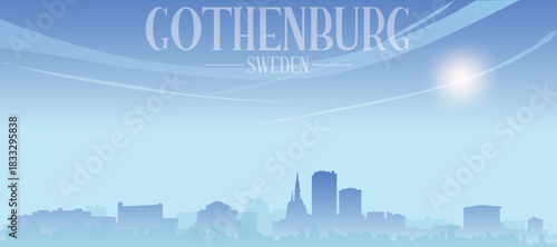 Blue panoramic poster of the city skyline with misty background buildings and clouds of GOTHENBURG, SWEDEN