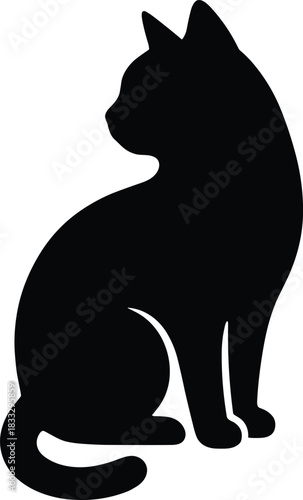 Elegant black cat silhouette sitting calmly and looking away, isolated on a white background, a classic, simple vector graphic design element.