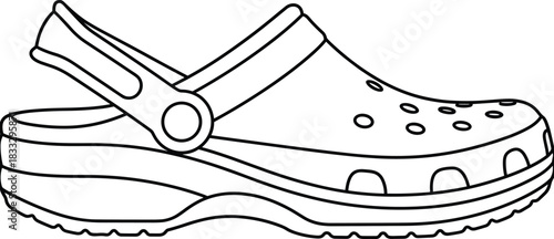 Crocs style shoe sketch, line drawing, ergonomic footwear, casual comfort, vector illustration, fashion design, technical outline, black white art