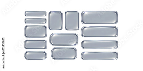 Collection of various sizes of glossy, silver, rounded rectangular buttons or labels isolated on illustration vector.