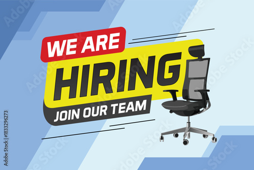 Hiring recruitment design for banner poster. We are hiring join our now lettering with chair icon logo sign Vector illustration typographic. Open vacancy template


