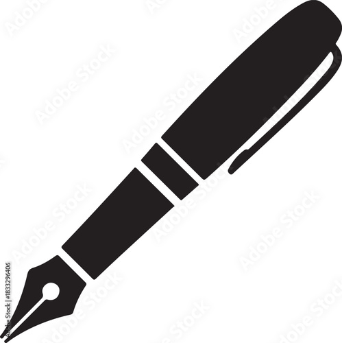 Black Silhouette of a Fountain Pen with Nib and Clip on White Background Keywords: fountain pen, writing, calligraphy, ink, stationery