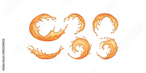 Set of orange juice splashes and swirls in various dynamic shapes isolated on illustration vector.