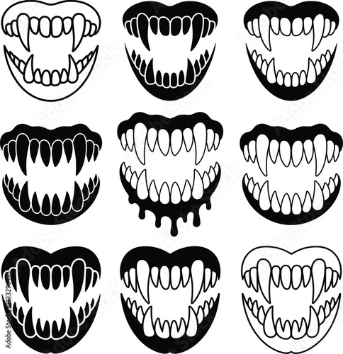 Dripping Vampire Fangs Horror Illustration Set.
