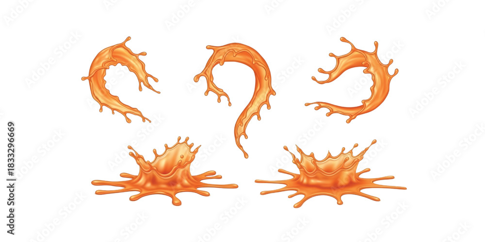 Obraz premium Set of orange juice splashes and drips in various dynamic shapes isolated illustration vector.