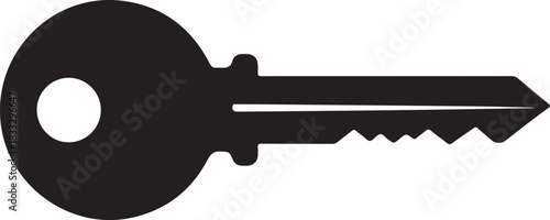 Black Silhouette of a Key with a Circular Head and Serrated Bit on a White Background lock