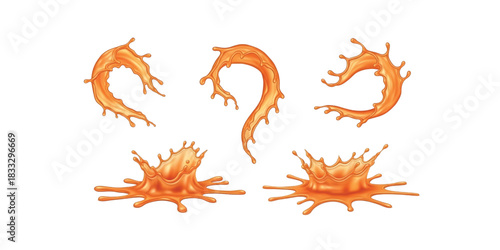 Set of orange juice splashes and drips in various dynamic shapes isolated illustration vector.