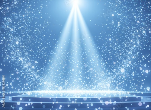 Ethereal Light and Particles Cascade onto a Tiered Stage, Illuminated by a Powerful Spotlight in Soft Blue Tones.