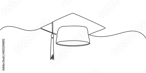 One continuous line drawing of graduation hat. Concept of student of university college and school. Doodle vector illustration, cap and diploma one line continous vector illustration, hand drawn line