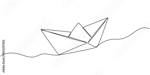 One continuous line drawing of paper boat. Origami ship concept success leadership of business in simple linear style. Editable stroke design for representation startup. Doodle Vector illustration