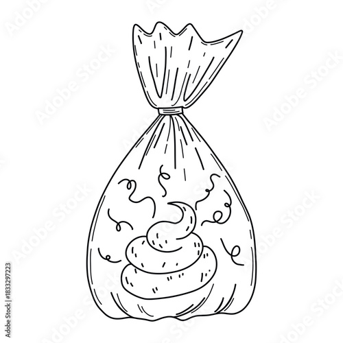Doodle black and white vector of dog poop in plastic bag isolated on white. Ideal for pet care guides, hygiene awareness, urban responsibility and educational content