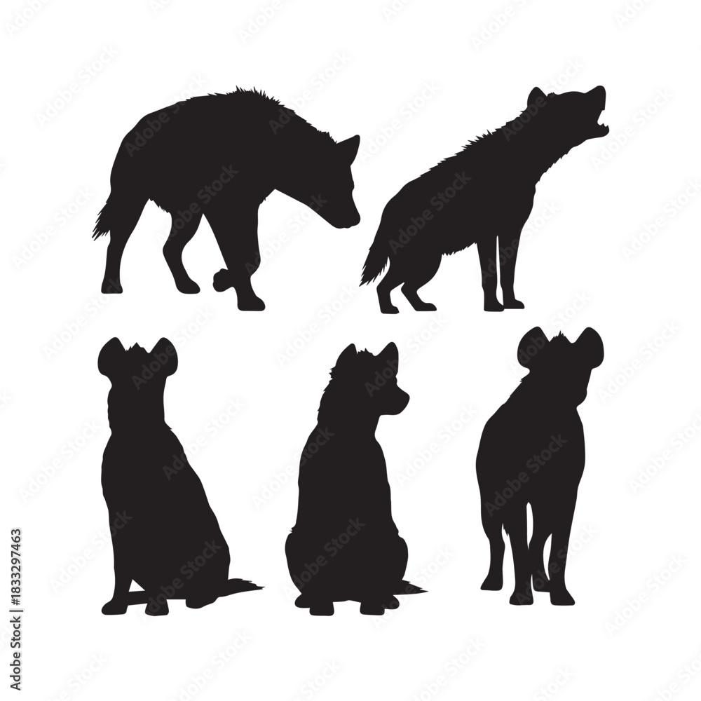 Naklejka premium hyena silhouettes set collection, hyena silhouette, wild animal vector, predator wildlife, savannah creature