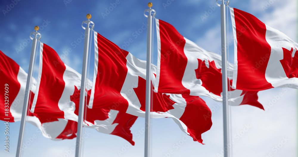 Naklejka premium Canada national flags waving in the wind on a clear day