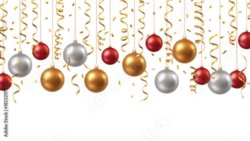 Festive holiday ornaments and streamers hanging against a dark background