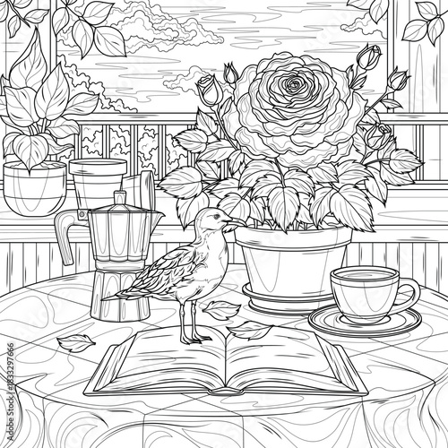 A rose in a pot, a coffee maker, and a seagull on the table.Coloring book antistress for children and adults. 