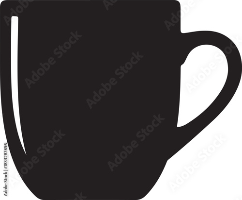 Black Silhouette of a Simple Coffee Cup with a Handle on a White Background Keywords: coffee cup, mug, silhouette, black, white background