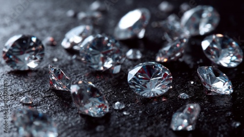 Sparkling diamonds on dark surface. AI image