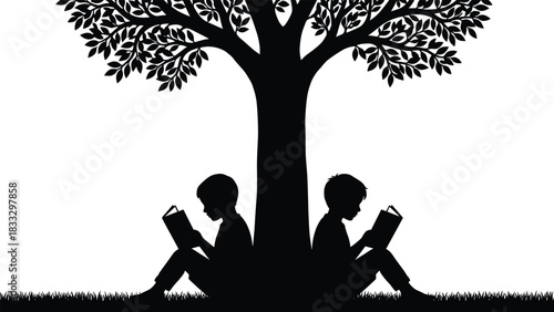 Children Silhouettes Reading Books Under Large Shady Tree, Outdoor Education, Nature Learning, Literature, Back to School, Black and White Vector Illustration