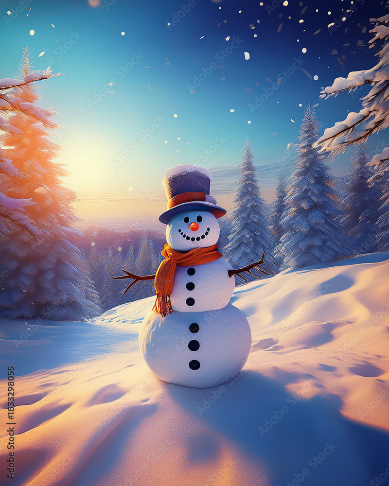 Obraz premium Snowman with orange scarf in winter forest landscape
