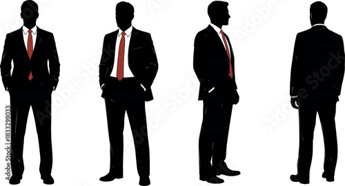 Silhouette collection of a businessman in a black suit with a red tie shown from four different angles