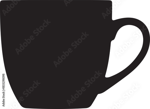 Black Silhouette of a Simple Coffee Mug with a Handle on a White Background Keywords: coffee mug, cup, silhouette, black, white background