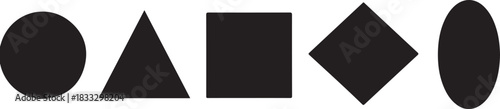Collection of Black Geometric Shapes Including Oval Triangle Square Rhombus and Ellipse on White Background Keywords: geometric shapes, basic