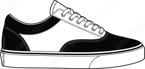 Casual sneaker sketch, line drawing, lace-up shoe, fashion design, footwear illustration, vector outline, low top, black white style