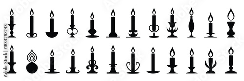 Candle Silhouette Set in Clean Vector Illustration Featuring Religious, Commemorative, and Party Flame Elements with Simple Black Shapes and Decorative Icons for Creative Design and Graphic Use