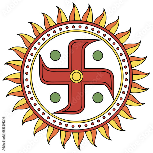 A vibrant illustration of a traditional Hindu/Jain Swastika symbol in red, centered within a radiant sun-like circle with orange-yellow flames. Four green dots mark the quadrants, bordered by red.
