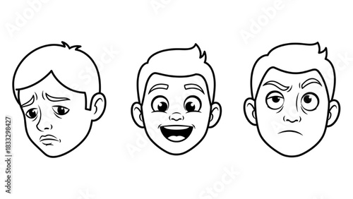 Set of high-quality black outline portraits, featuring people with thoughtful, excited, and skeptical expressions, minimal line art, expressive human faces