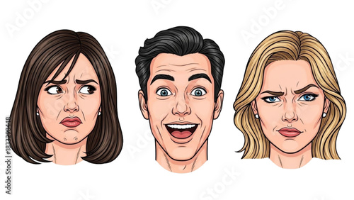 High-quality colorful black outline art of people with varied expressions, thoughtful frown, excited wide eyes, and skeptical raised eyebrow, minimal line portraits 